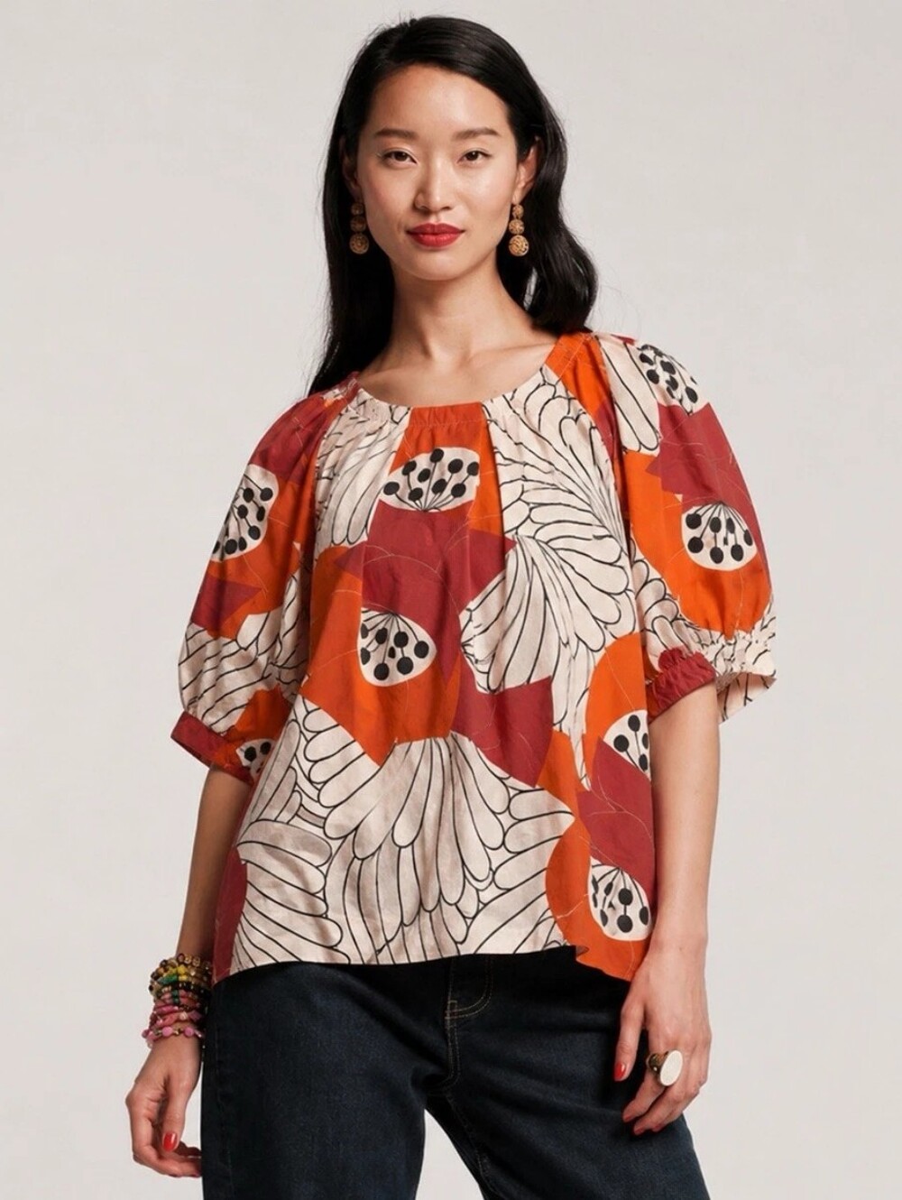Frances Valentine Women's Zonda Printed Cotton Poplin Top, Large, Short Sleeve